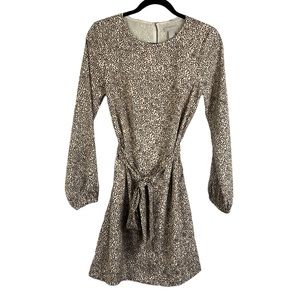 H&M Neutral Spotted Animal Print Keyhole Back Tie Waist Long Sleeve Dress Size 4